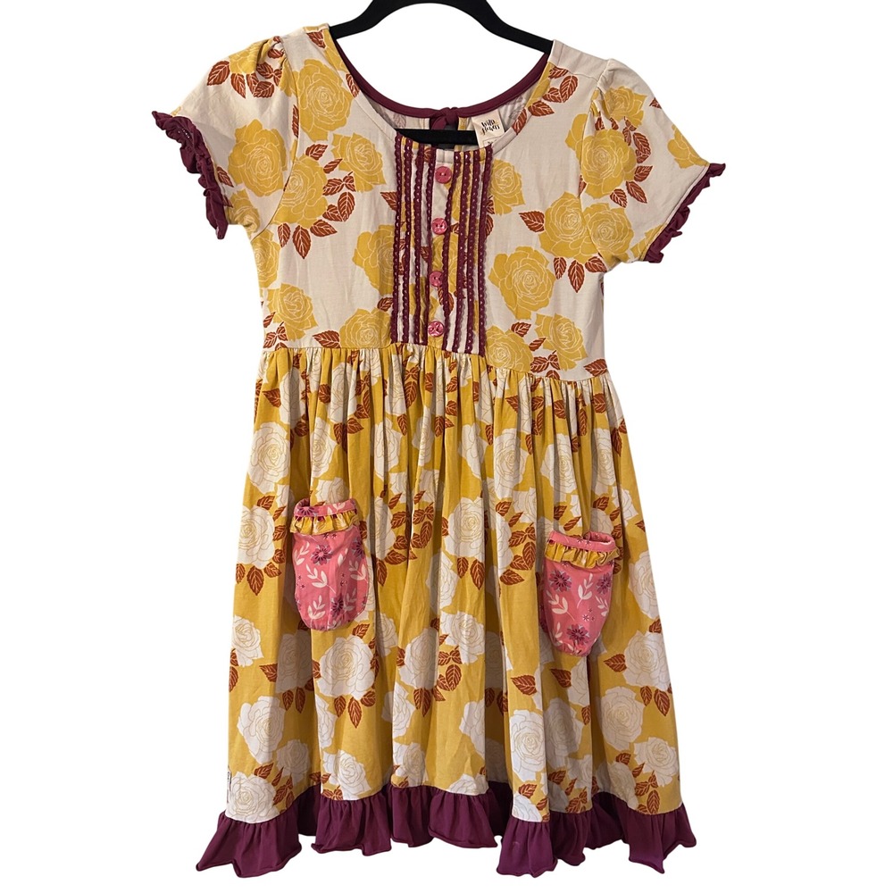Wild Flowers Girls‎ Dress Size 12 Yellow Rose Print Ruffle Pockets Button Front